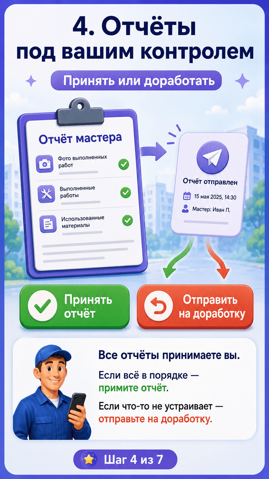 Экран приложения с отчётом по выполненной заявке